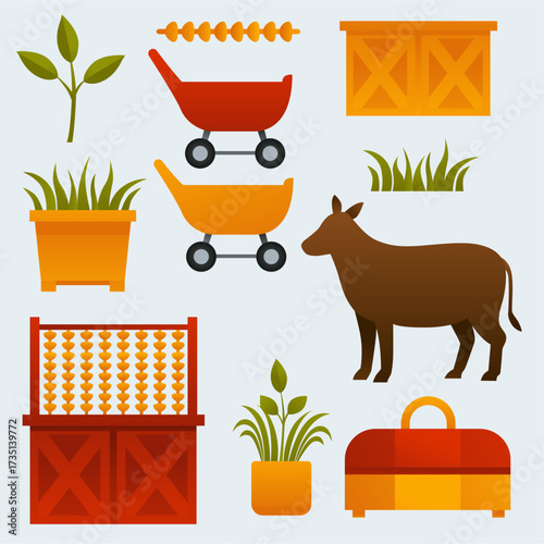Bright, colorful farm-themed illustration featuring a horse, two wheelbarrows, a wooden barn, potted plants, a hay bale, an abacus, and garden containers