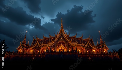 Majestic thai temple roofline transformed into stunning nightscape thailand architectural photography nighttime dramatic atmosphere