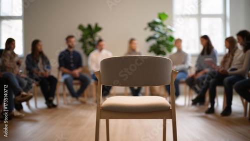 Group therapy session with empty chair in foreground and people in background