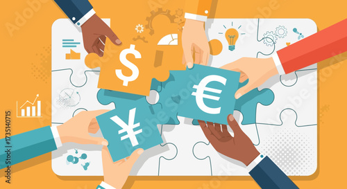 Diverse hands assembling puzzle pieces with global currency symbols, representing international financial collaboration and teamwork.