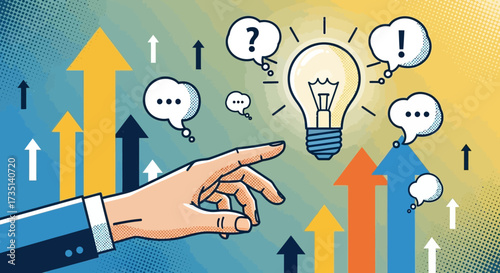 Illustration depicting a hand pointing towards a lightbulb, symbolizing ideas and growth, with upward arrows.