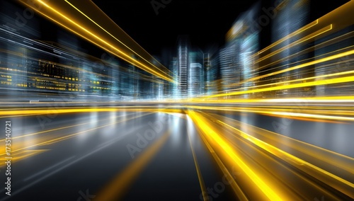 Futuristic Cityscape With Golden Light Streaks, Representing Technological Advancement and Digital Transformation in Urban Planning and Infrastructure : Generative AI