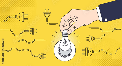 A businessman's hand screwing a glowing lightbulb into a power socket surrounded by multiple electrical plugs.