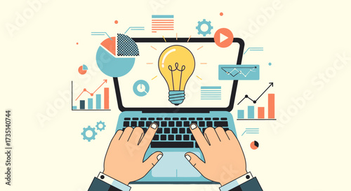 A person working on a laptop with a lightbulb symbolizing a new idea, surrounded by data charts and marketing icons.