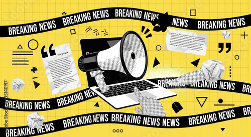 Breaking news concept with laptop, megaphone, and crumpled paper on a yellow grid background.
