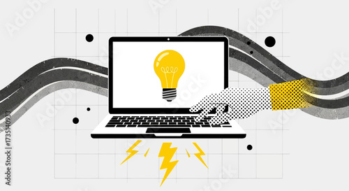 A stylized illustration of a hand interacting with a laptop displaying a glowing lightbulb, symbolizing innovation and ideas.