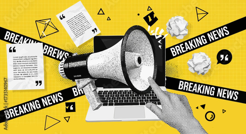 Breaking news concept with megaphone, laptop, and crumpled paper.