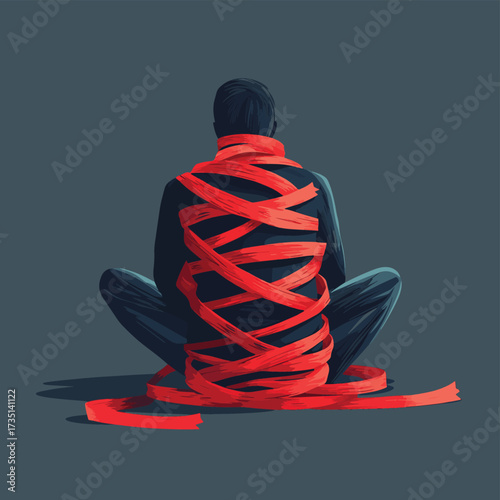 Illustration of a person entangled in red tape symbolizing bureaucracy and restrictions , vector style simple color