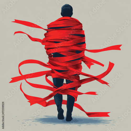 Illustration of a person entangled in red tape symbolizing bureaucracy and restrictions , vector style simple color