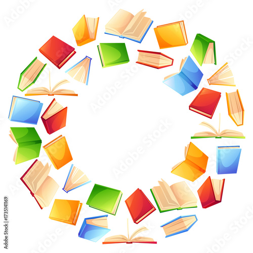 A template featuring a round frame of colorful books with empty space for text. Colorful textbooks in various positions. Concept for book sales, book forums, libraries, bookstores, back to school..