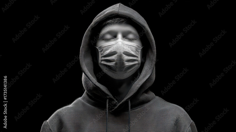 Obraz premium young man wears a surgical mask and closes his eyes the person is dressed in a hoodie and photographed against a dark black background in monochrome quarantine and pandemic concept generative ai