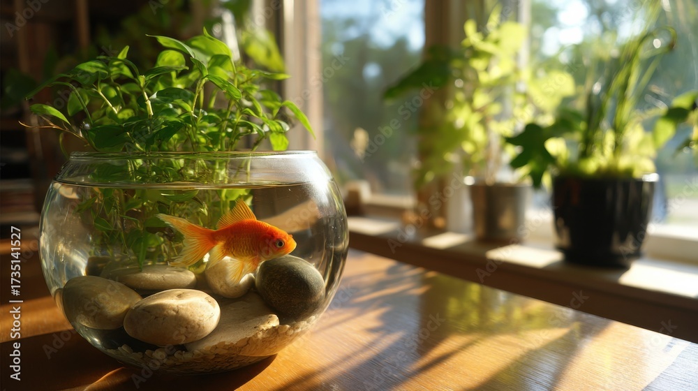 Fototapeta premium Goldfish Swimming in a Glass Bowl with Plants, Symbolizing Tranquility and a Pet-Friendly Home, Ideal for Interior Design Inspiration and Serene Lifestyle Content : Generative AI