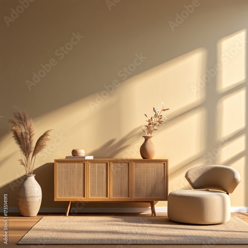 Interior design of a living room with commode, armchair and decorations