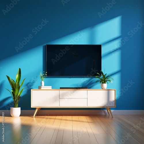 Modern living room interior with tv, commode and plants under sunlight