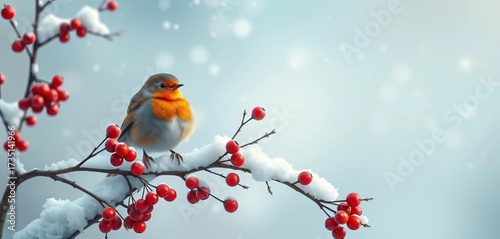 A whimsical winter scene featuring a robin perched on a snow-covered branch with berries, greeting, white
