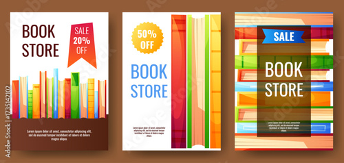 Poster with colorful books in different positions, on a white background with text. A template for a book market poster. Book lover, bookstore, library, reading concept, book festival. World Book Day