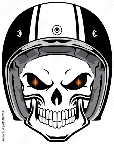 Retro Motorcycle Helmet with Skull Face and Fiery Eyes - Edgy Biker Culture Vector Illustration