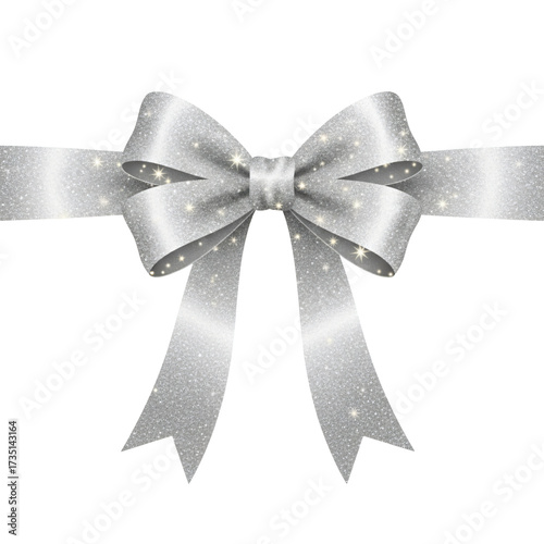 Silver Christmas ribbon with glitter stars, isolated on transparent background, white background, cozy festive decoration for Christmas Day