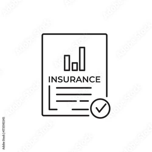 Line icon of an insurance document with a bar chart and checkmark, symbolizing verified coverage. Ideal for illustrating insurance plans, financial security, policy approval, and risk management.