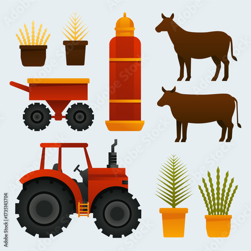 Vibrant agricultural scene featuring a red tractor, wheeled cart, silo, wheat plants, and two cows. Ideal for farming, rural life, agriculture, and outdoor industry themes in stock libraries