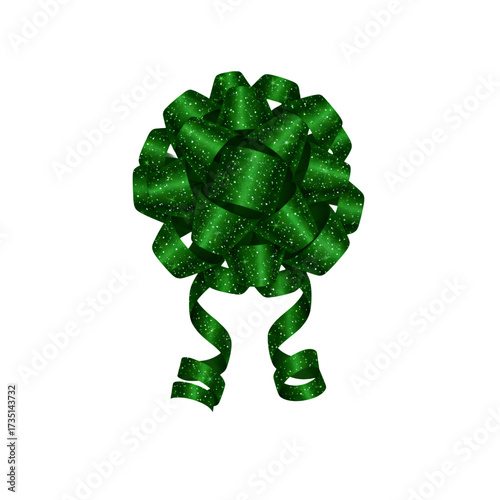 Green Christmas ribbon with ribbon loops and stripes, isolated on transparent background, white background, realistic festive decoration for Christmas Day