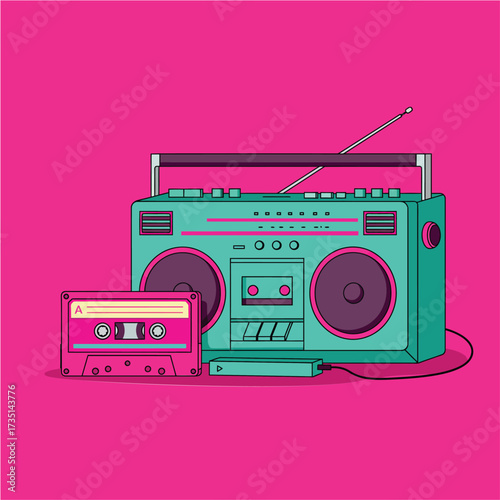A vibrant illustration featuring a retro boombox and cassette tape against a pink backdrop.