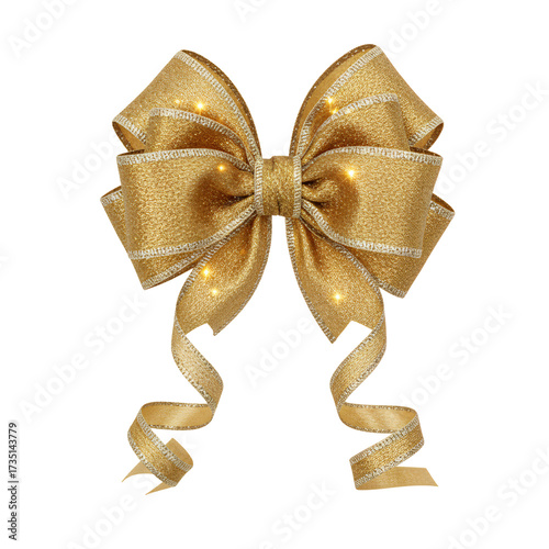 Elegant red Christmas ribbon with sparkling golden edges and bow, isolated on transparent background, white background, high-detail festive decoration for Christmas Day