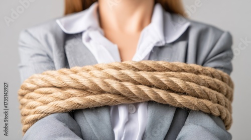 Restrained in Distress: A woman is seen bound by rope, this image depicts a sense of constraint and helplessness.