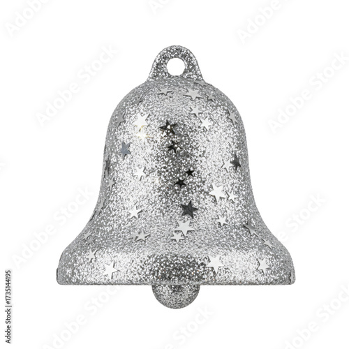 Red glitter Christmas bell with ribbon, isolated on transparent background, white background, realistic festive ornament for Christmas Day