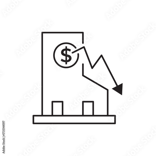 Line icon of a building with a dollar sign and a declining graph, symbolizing economic downturn. Ideal for illustrating market decline, financial loss, business setbacks, and economic analysis.