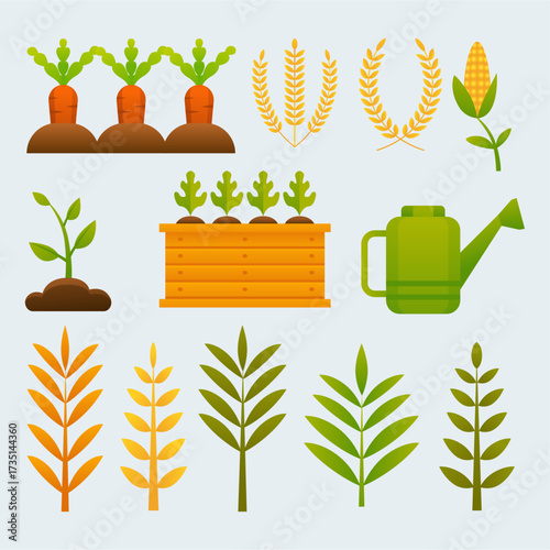 Bright vector illustration featuring farming and gardening elements, carrot rows, wheat stalks, corn ear, seedlings, a wooden planter box, a watering can, and leafy branches