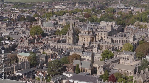 Establishing aerial view of Oxford, United Kingdom. Beautiful city with prestigious university