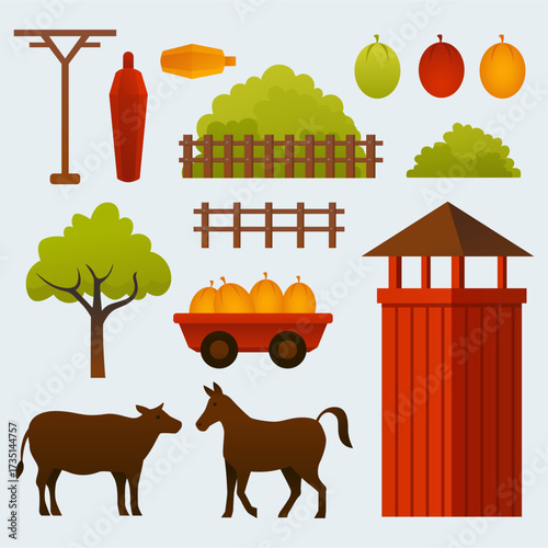 Colorful rural farm illustration featuring pumpkins, wagon, horses, cows, trees, hedges, fences, a lookout tower, and a red barn, conveying farming life and autumn harvest vibes