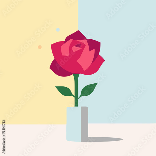 A minimalist illustration of a single red rose in a white vase against a pastel color block background.