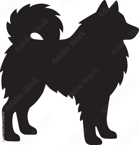 Fluffy Spitz Dog Silhouette – Side View of Nordic Breed with Curly Tail Isolated on White Background

