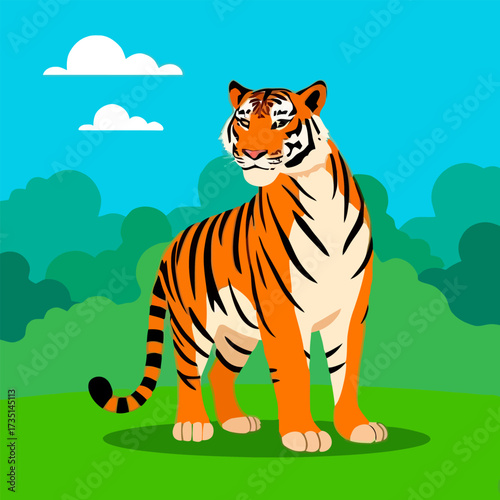 A majestic tiger stands proudly in a lush green forest clearing under a bright blue sky with fluffy white clouds.