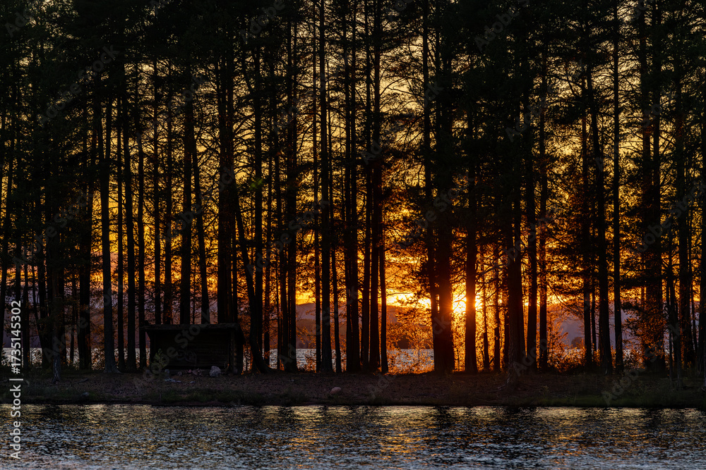 Fototapeta premium Tällberg, Sweden A dramatic sunset over Lake Siljan in the Dalarna province.