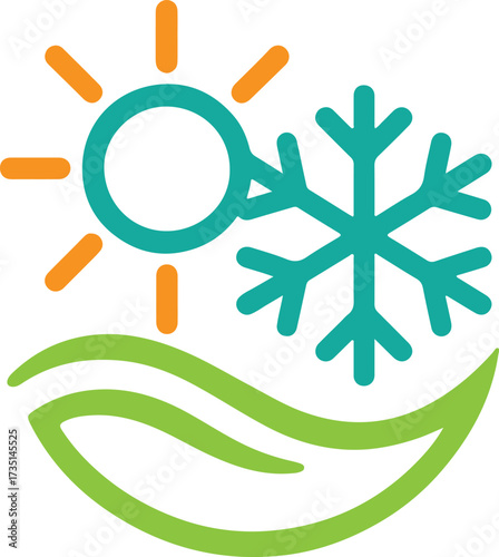 Heating and Cooling Logo Design with Sun, Snowflake, and Wave Icon for HVAC, Air Conditioning, Refrigeration, Heating System, Ventilation, Climate Control, Energy, Water Cooling, and Temperature Regul