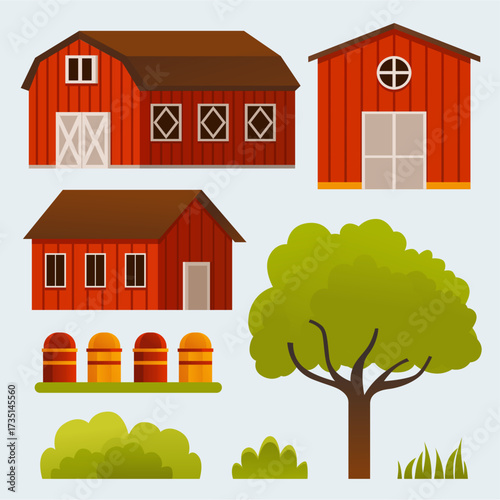 Bright, stylized farm scene with red barns, a large tree, side buildings, and colorful barrels. Suitable for rural life, farming, and agricultural themes in stock projects and educational materials