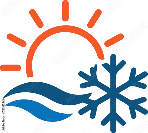 Heating and Cooling Logo Design with Sun, Snowflake, and Wave Icon for HVAC, Air Conditioning, Refrigeration, Heating System, Ventilation, Climate Control, Energy, Water Cooling, and Temperature Regul