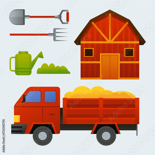 Vibrant farm illustration featuring a red barn, a red hay truck, a green watering can, and garden tools. Ideal for rustic agriculture, rural life, farming, and outdoor work themes