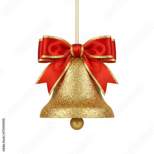 Silver Christmas bell with ribbon loops and sparkle, isolated on transparent background, white background, high-detail holiday decoration for Christmas Day