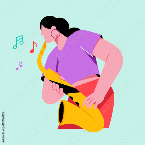 A woman musician playing saxophone with passion and vibrant energy.