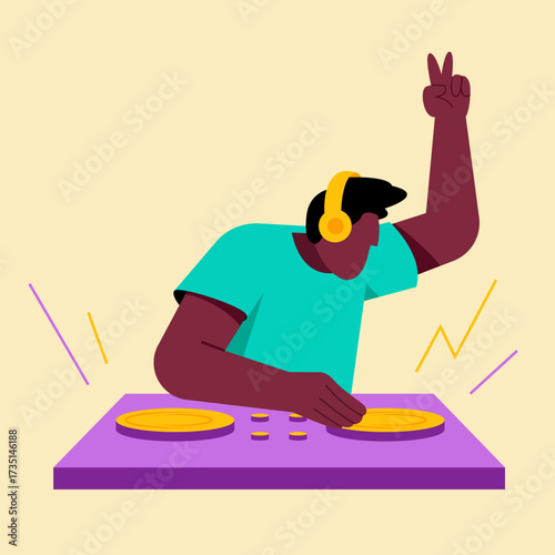 A DJ mixing tracks with headphones, creating energetic club music.