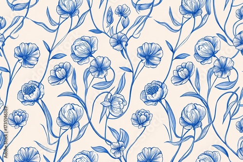 Seamless floral pattern with blue flowers on a light beige background