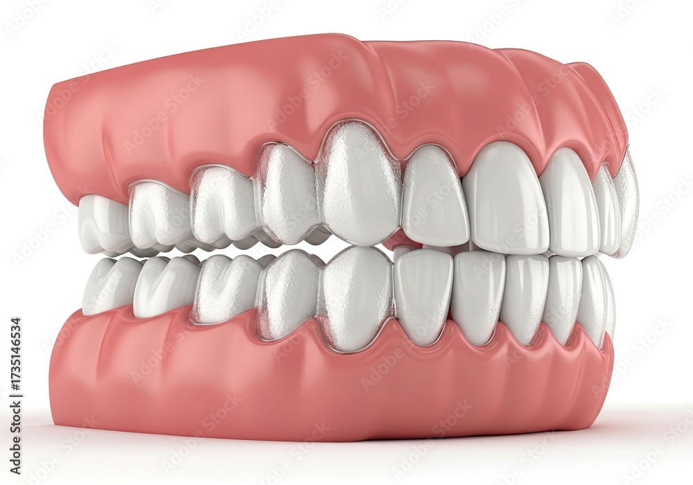 Obraz premium Full Denture Model with Pink Gum and White Teeth on White Background Dental Prosthetic