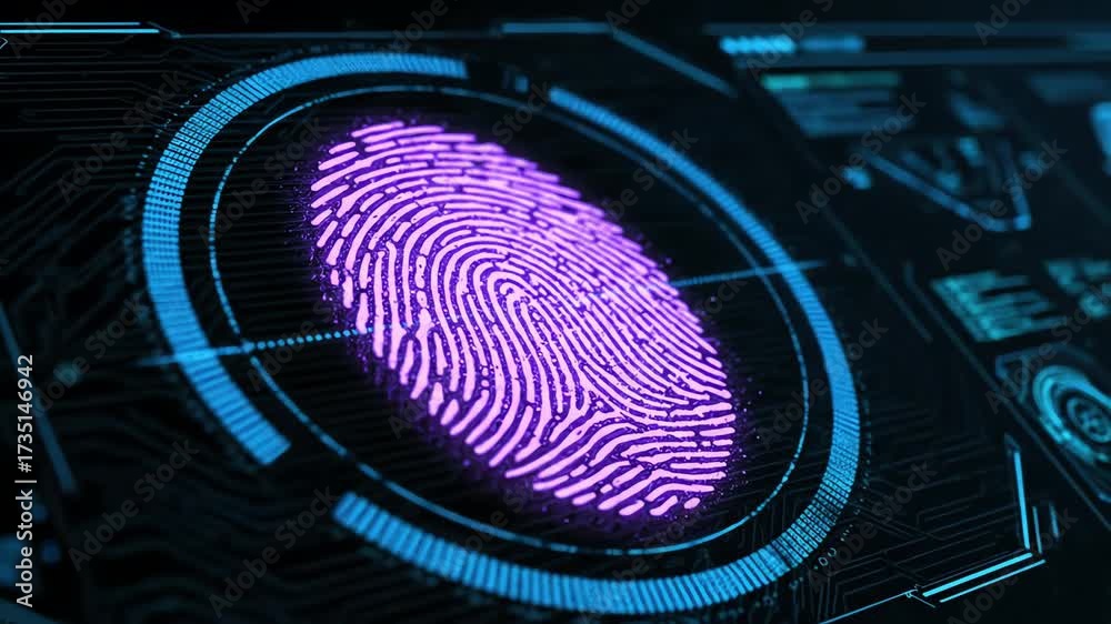 Futuristic digital security interface scanning a glowing purple finger ...