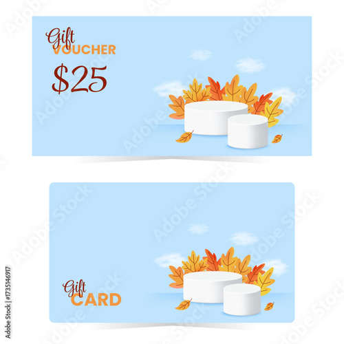 Autumn gift card and gift voucher with white 3D podium and colorful fall foliage. Blue sky background for seasonal promo, sale or product showcase. Vector illustration