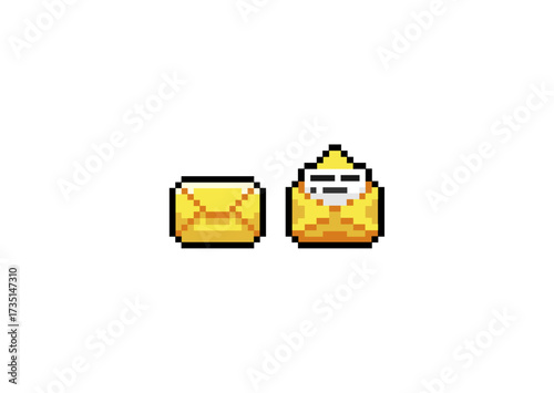 Pixel art yellow envelopes, one closed and one open with a visible letter inside, styled in a retro game-inspired design.
