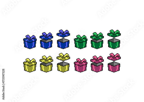 Pixel art colorful gift boxes with bows in blue, green, yellow, and pink, shown in open and closed variations with a retro game style.